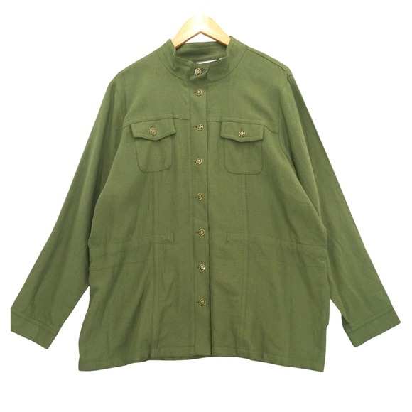 Susan Graver Pure Tops - Susan Graver Pure Olive Green Linen Blend Mandarin Collar Button Up Shirt Top XL